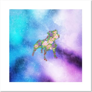 Distressed Watercolour Floral Staffordshire Bull Terrier Posters and Art